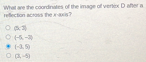 What are the coordinates of the image of vertex D after a reflection across the x-axis? 5,3 -5,-3 -3,5 3,-5
